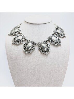 Floral Scroll Flower Design Chain Necklace Vintage Silver Tone Size 14-16" Adjus